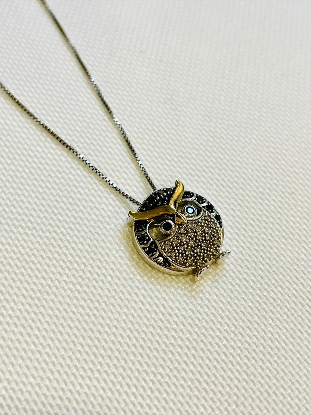 10K Yellow Gold Sterling Silver Black White Diamond Chubby Owl Necklace